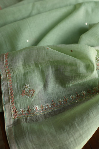 Dusty Green Shade Tissue Silk Chikankari Unstitched Fabric