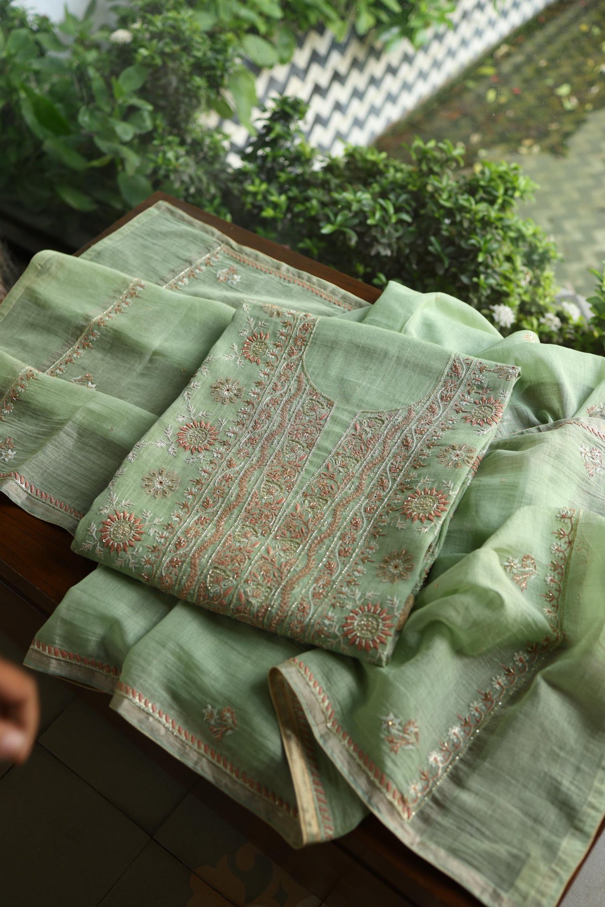 Dusty Green Shade Tissue Silk Chikankari Unstitched Fabric