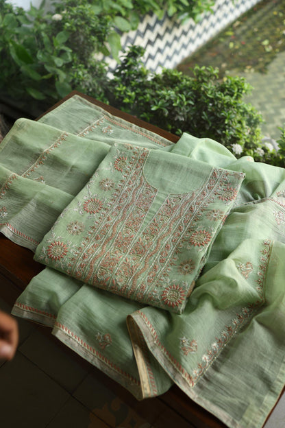 Dusty Green Shade Tissue Silk Chikankari Unstitched Fabric