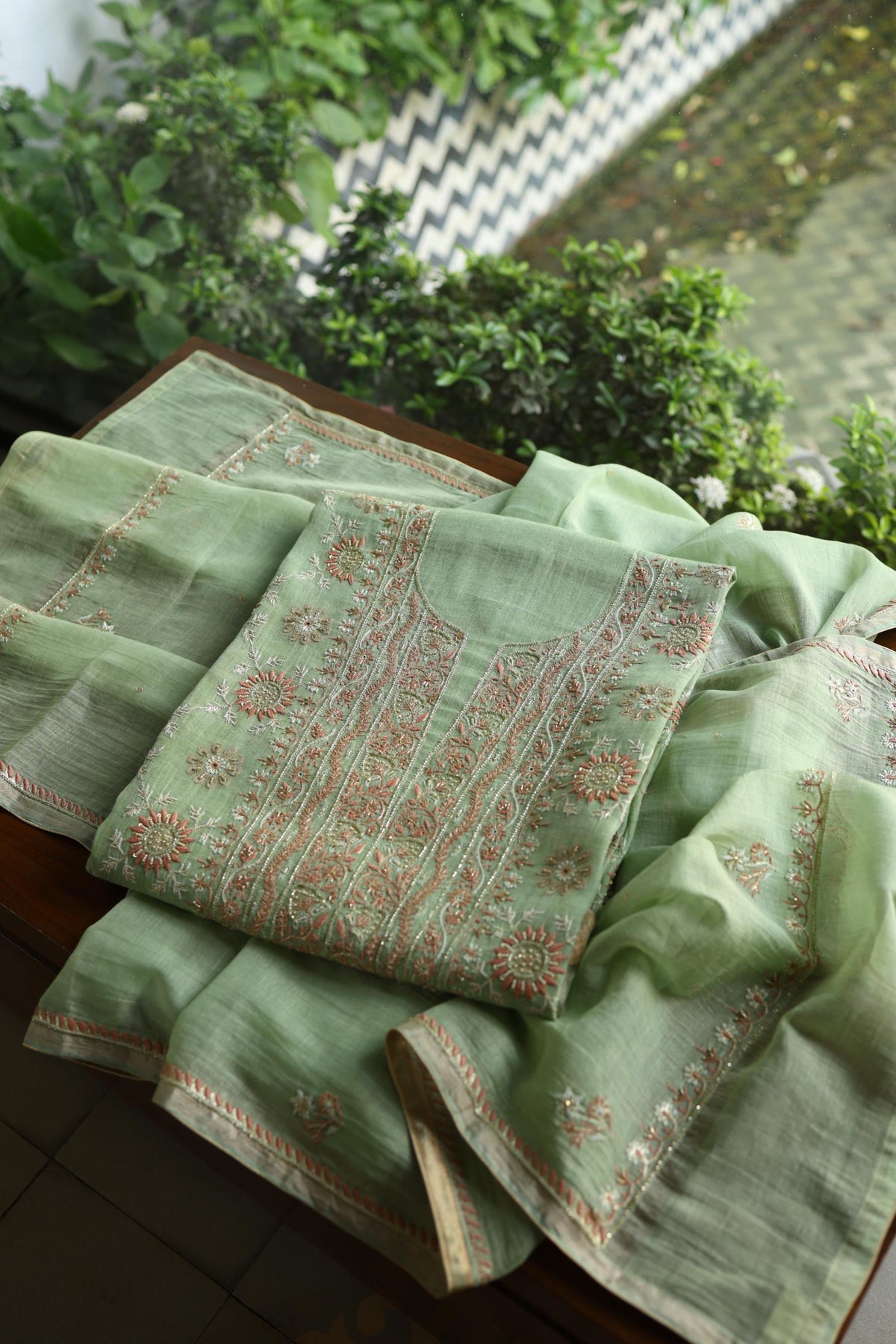 Dusty Green Shade Tissue Silk Chikankari Unstitched Fabric