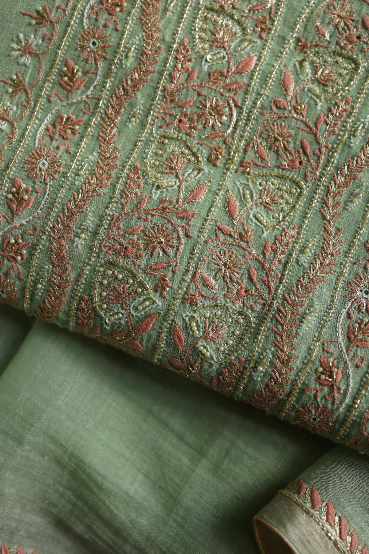 Dusty Green Shade Tissue Silk Chikankari Unstitched Fabric