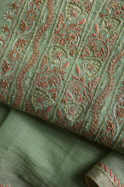 Dusty Green Shade Tissue Silk Chikankari Unstitched Fabric