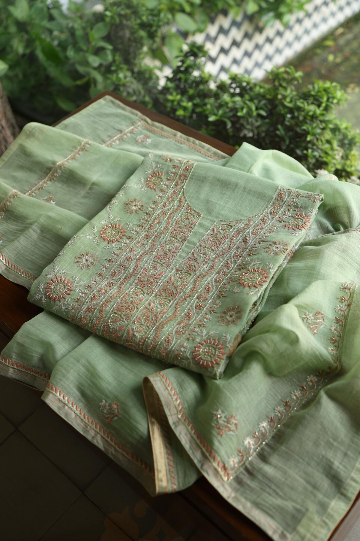 Dusty Green Shade Tissue Silk Chikankari Unstitched Fabric