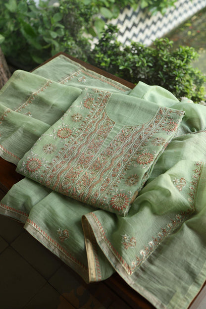 Dusty Green Shade Tissue Silk Chikankari Unstitched Fabric