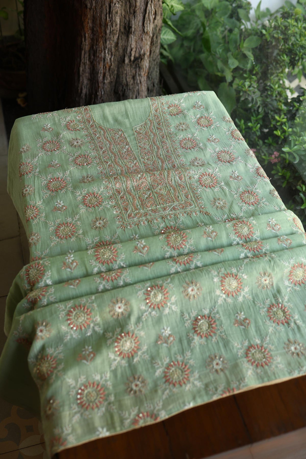 Dusty Green Shade Tissue Silk Chikankari Unstitched Fabric