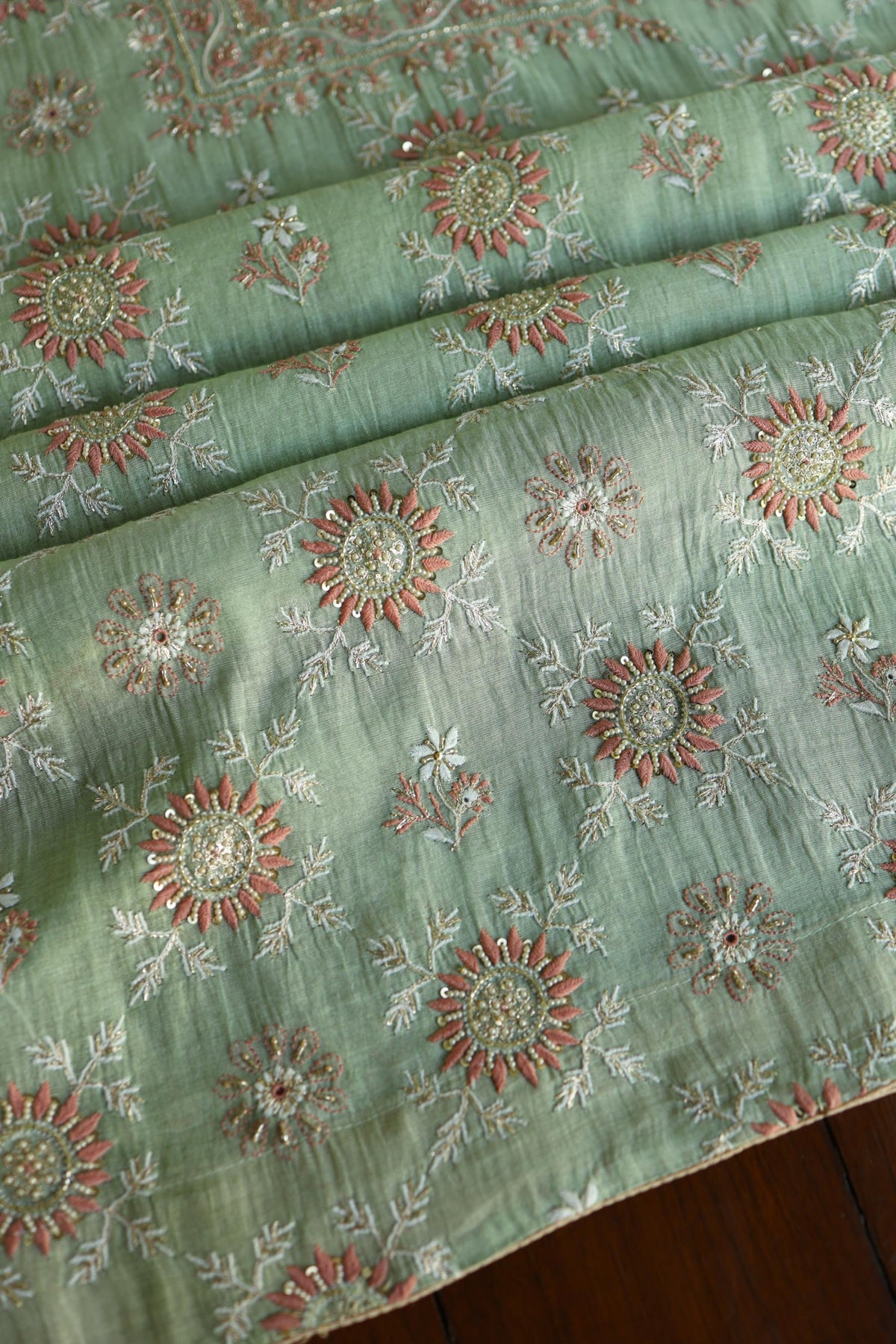 Dusty Green Shade Tissue Silk Chikankari Unstitched Fabric