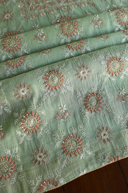 Dusty Green Shade Tissue Silk Chikankari Unstitched Fabric