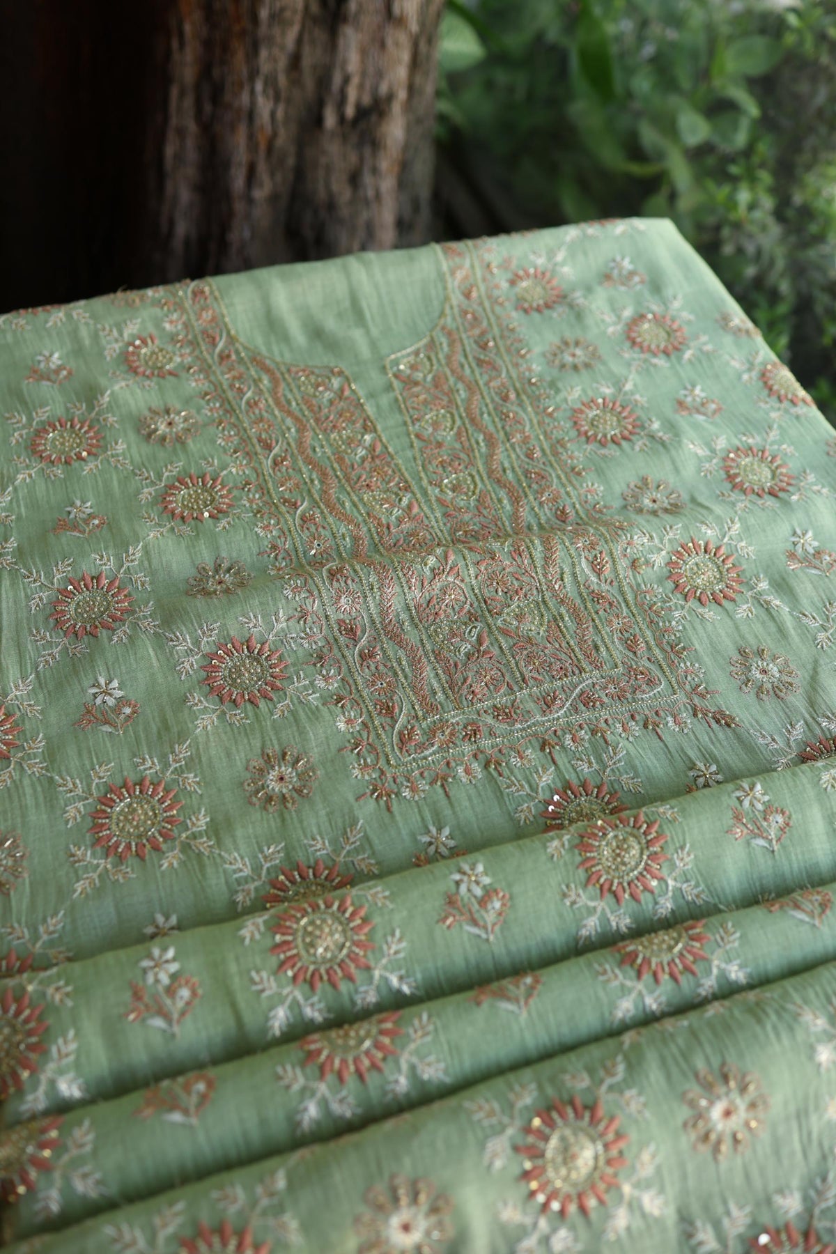 Dusty Green Shade Tissue Silk Chikankari Unstitched Fabric