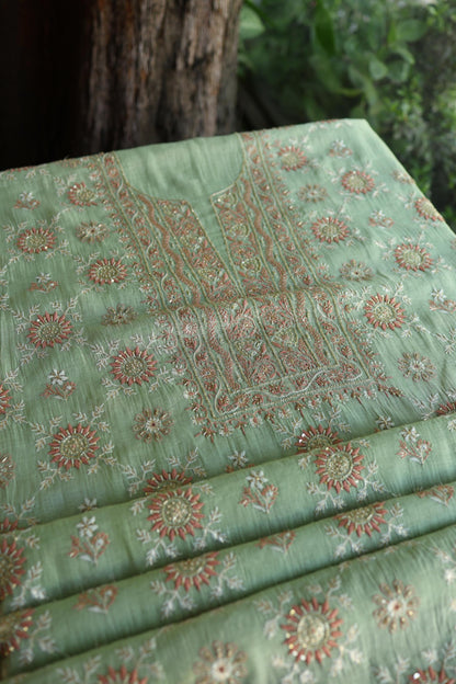 Dusty Green Shade Tissue Silk Chikankari Unstitched Fabric
