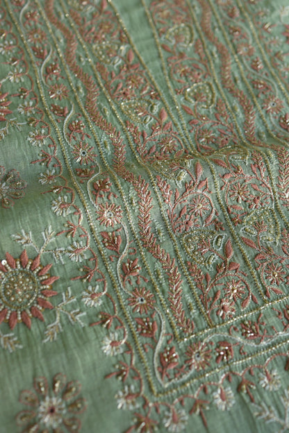 Dusty Green Shade Tissue Silk Chikankari Unstitched Fabric