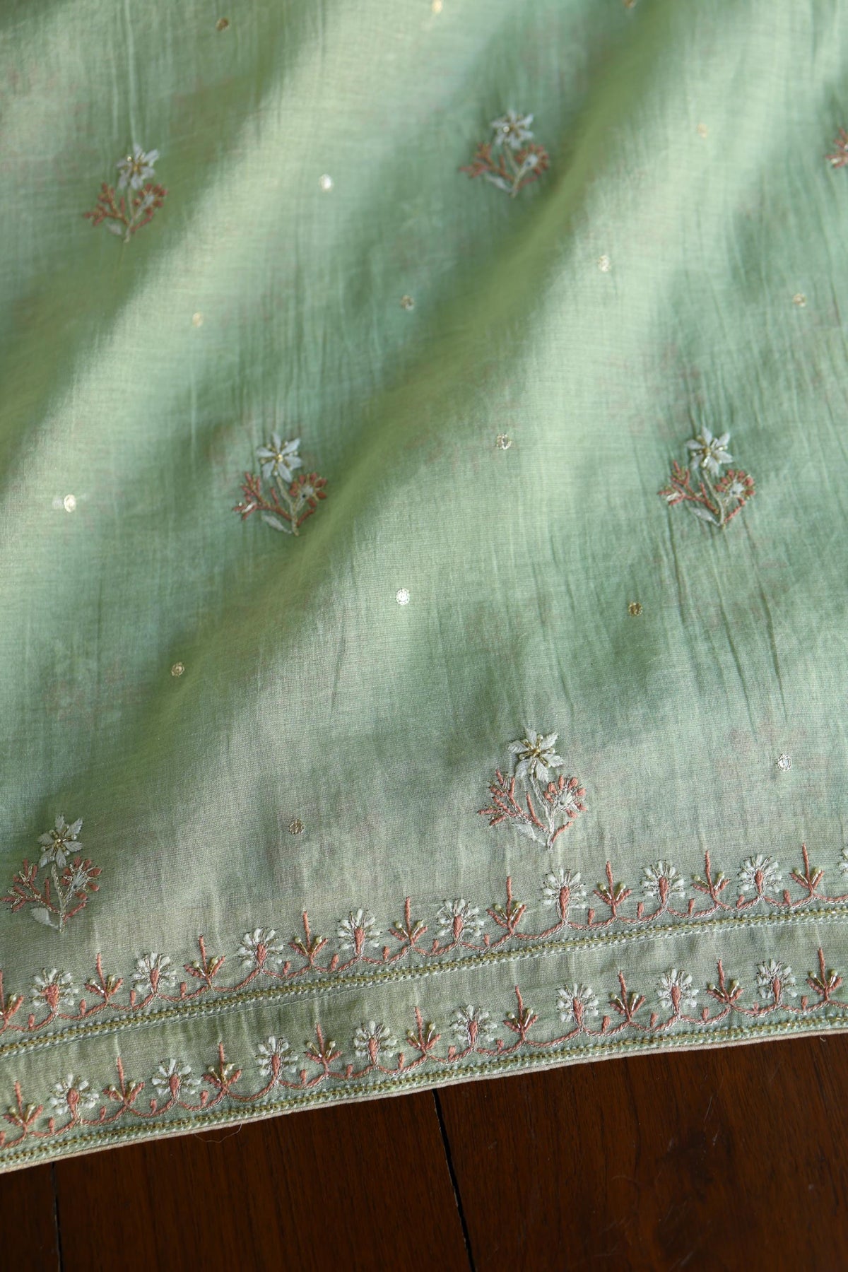 Dusty Green Shade Tissue Silk Chikankari Unstitched Fabric