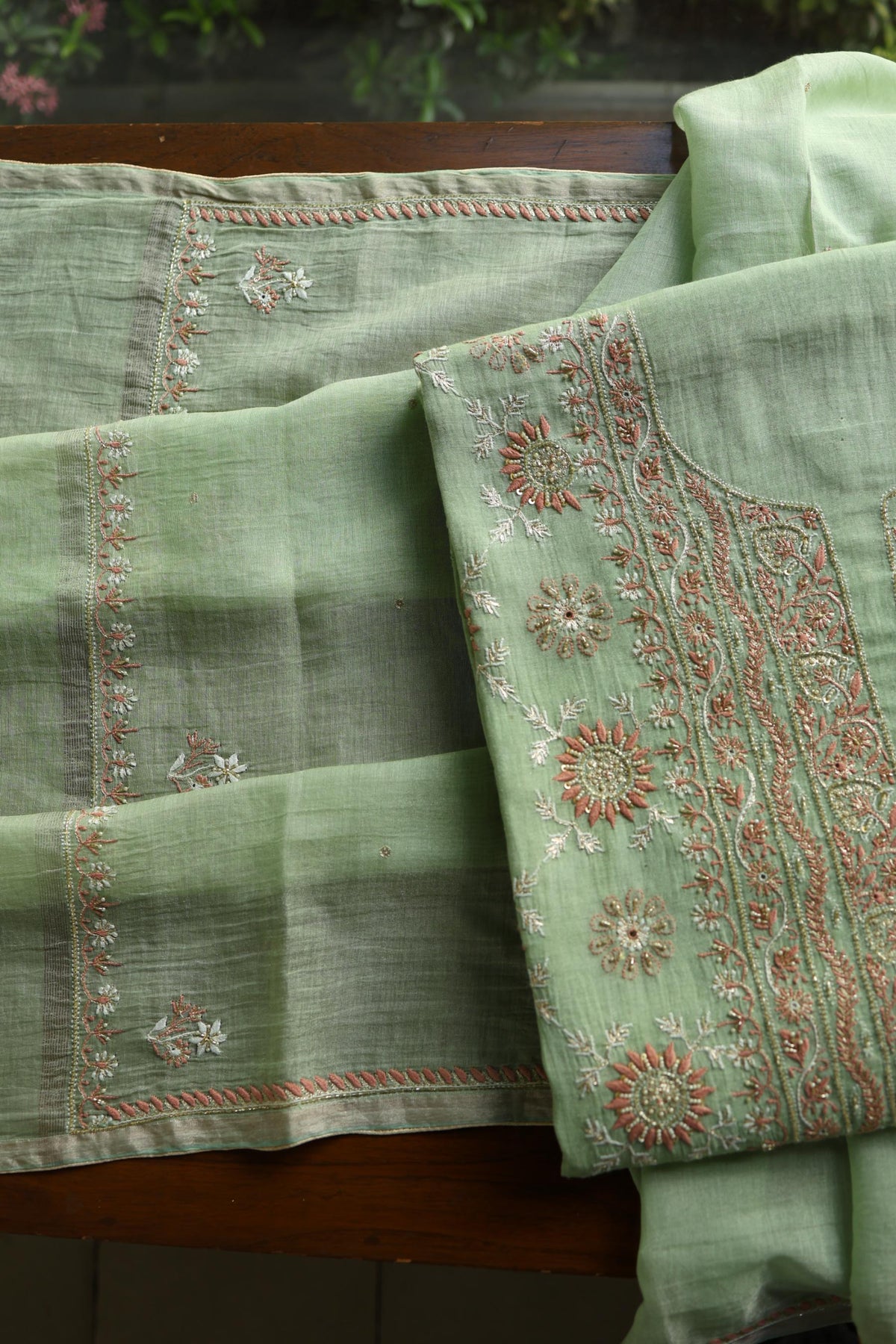 Dusty Green Shade Tissue Silk Chikankari Unstitched Fabric