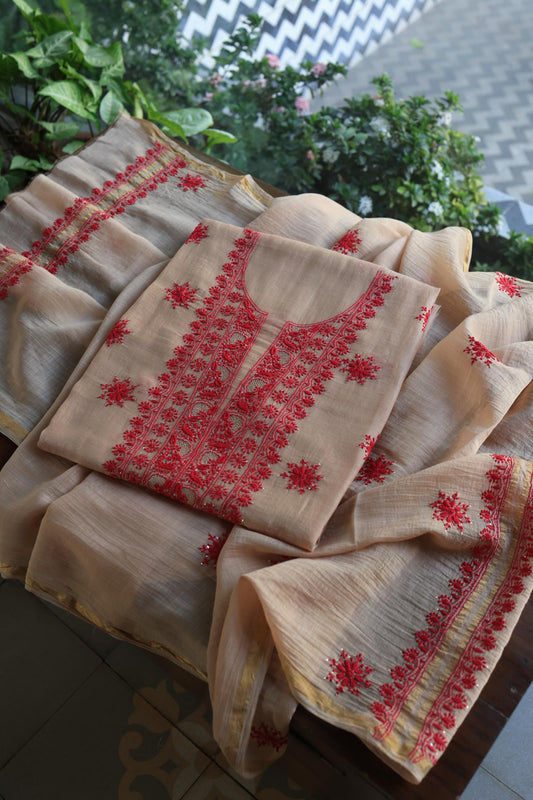 Light Beige Mal Cotton Chikankari Unstitched Kurta Dupatta Fabrics With Kamdani
