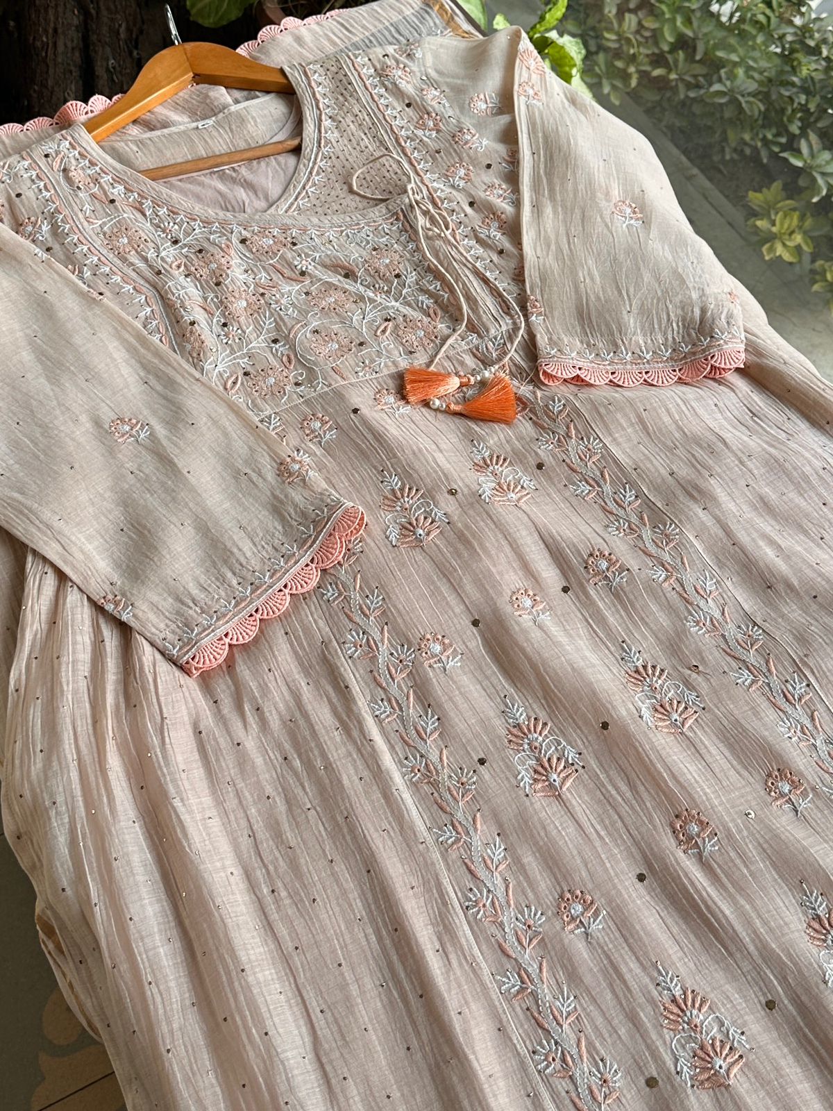 Dusty Grey Malmal Mukaish Kamdani Chikankari Stitched Kurta Dupatta Set