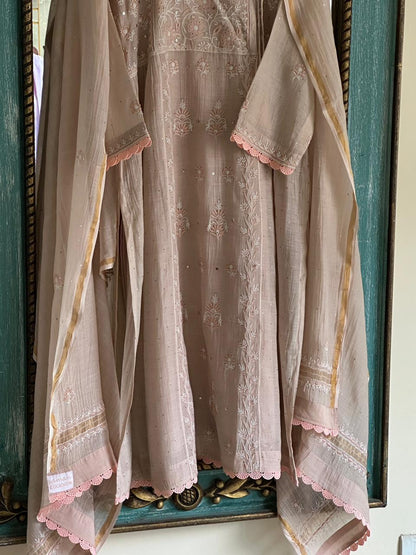 Dusty Grey Malmal Mukaish Kamdani Chikankari Stitched Kurta Dupatta Set