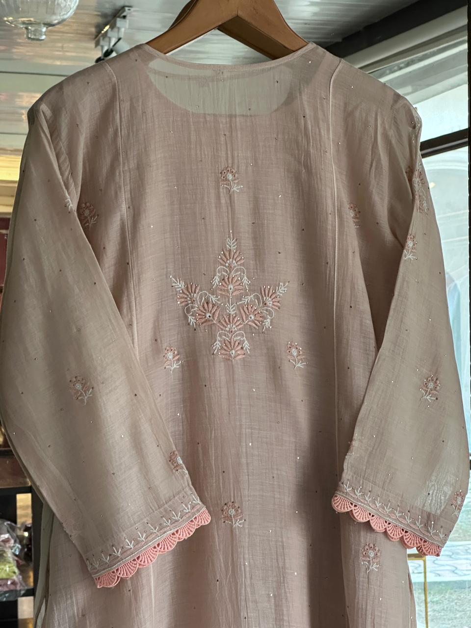 Dusty Grey Malmal Mukaish Kamdani Chikankari Stitched Kurta Dupatta Set