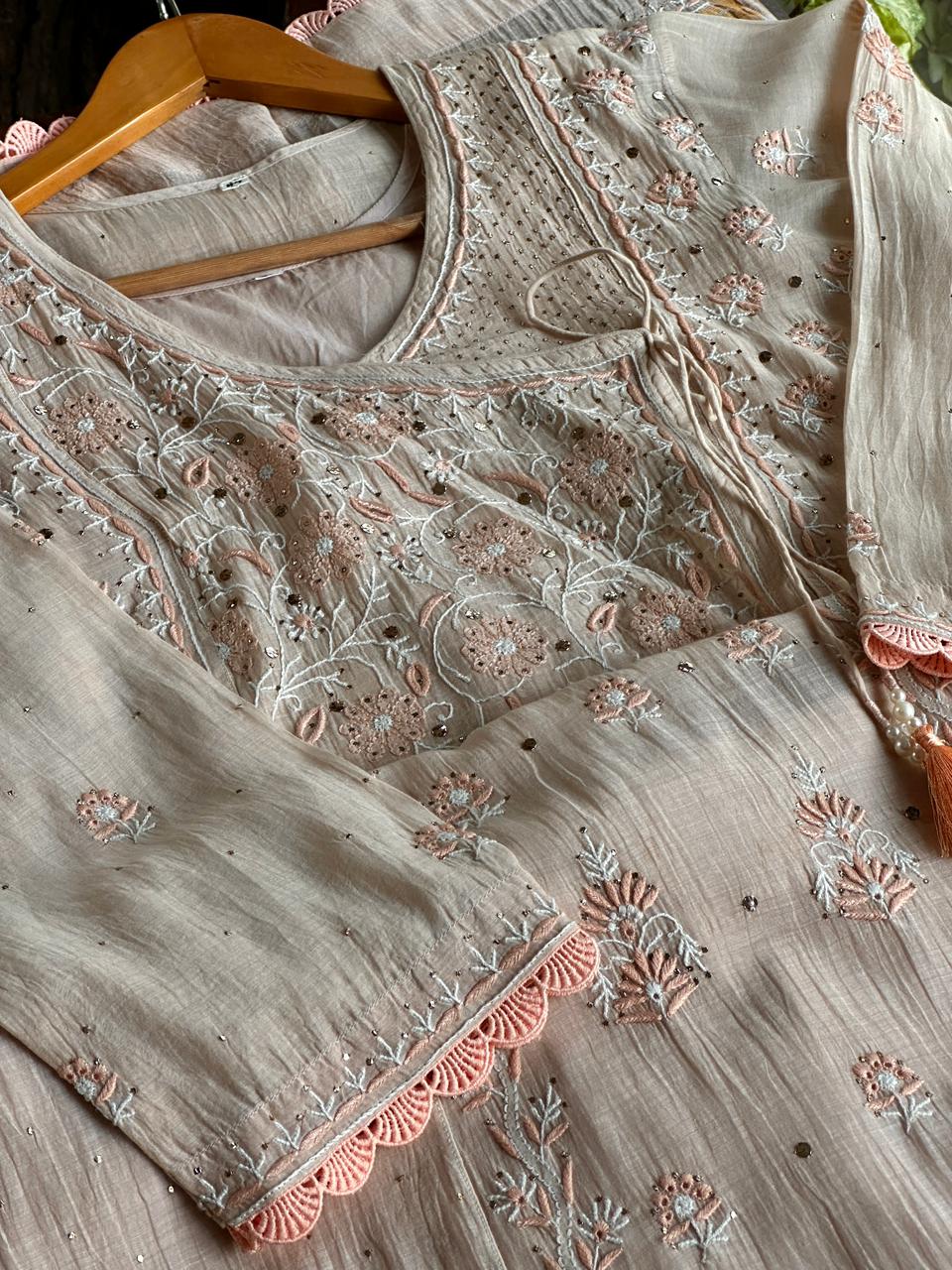 Dusty Grey Malmal Mukaish Kamdani Chikankari Stitched Kurta Dupatta Set