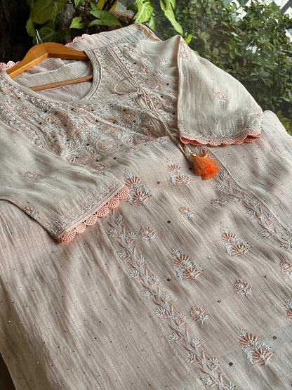 Dusty Grey Malmal Mukaish Kamdani Chikankari Stitched Kurta Dupatta Set
