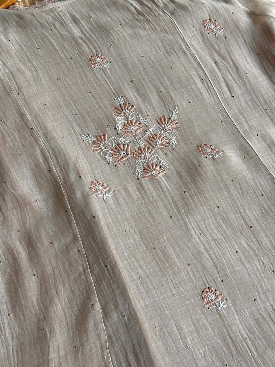 Dusty Grey Malmal Mukaish Kamdani Chikankari Stitched Kurta Dupatta Set