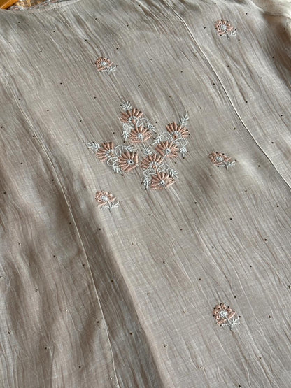 Dusty Grey Malmal Mukaish Kamdani Chikankari Stitched Kurta Dupatta Set