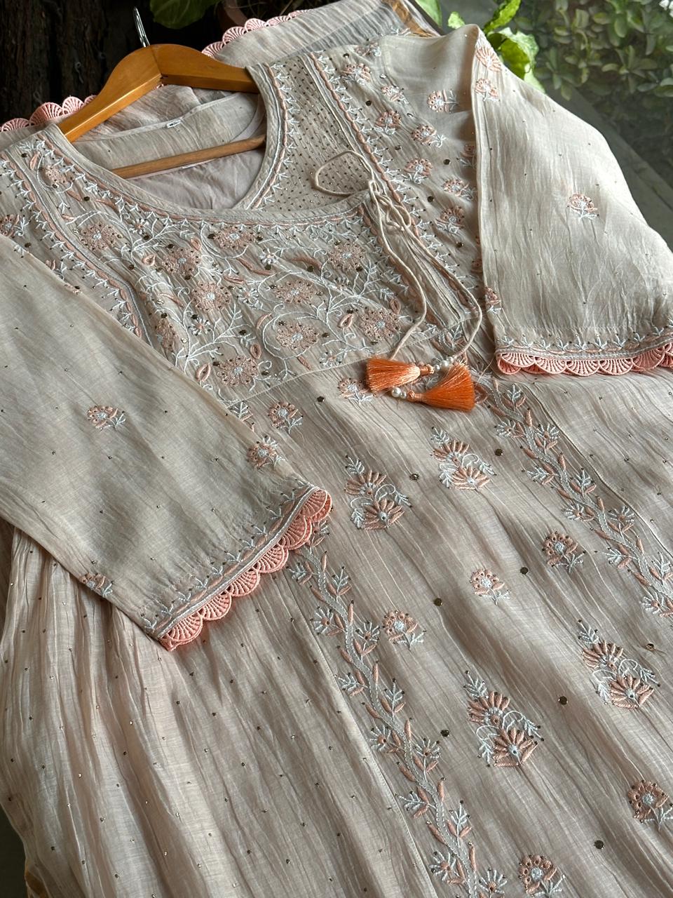 Dusty Grey Malmal Mukaish Kamdani Chikankari Stitched Kurta Dupatta Set