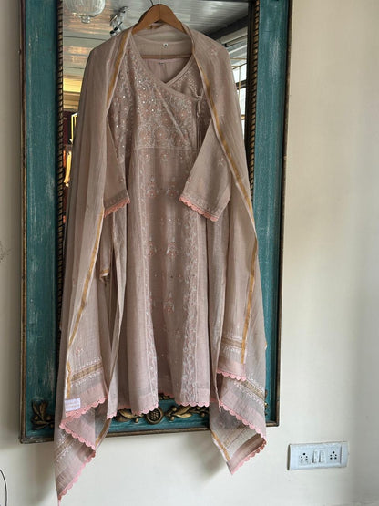 Dusty Grey Malmal Mukaish Kamdani Chikankari Stitched Kurta Dupatta Set
