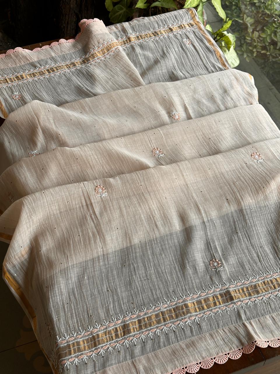 Dusty Grey Malmal Mukaish Kamdani Chikankari Stitched Kurta Dupatta Set