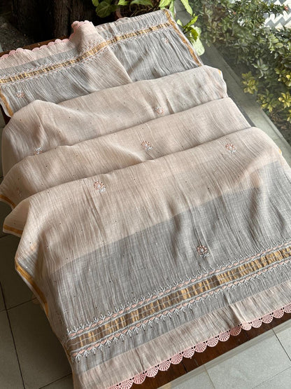 Dusty Grey Malmal Mukaish Kamdani Chikankari Stitched Kurta Dupatta Set