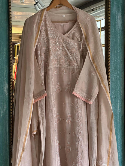 Dusty Grey Malmal Mukaish Kamdani Chikankari Stitched Kurta Dupatta Set