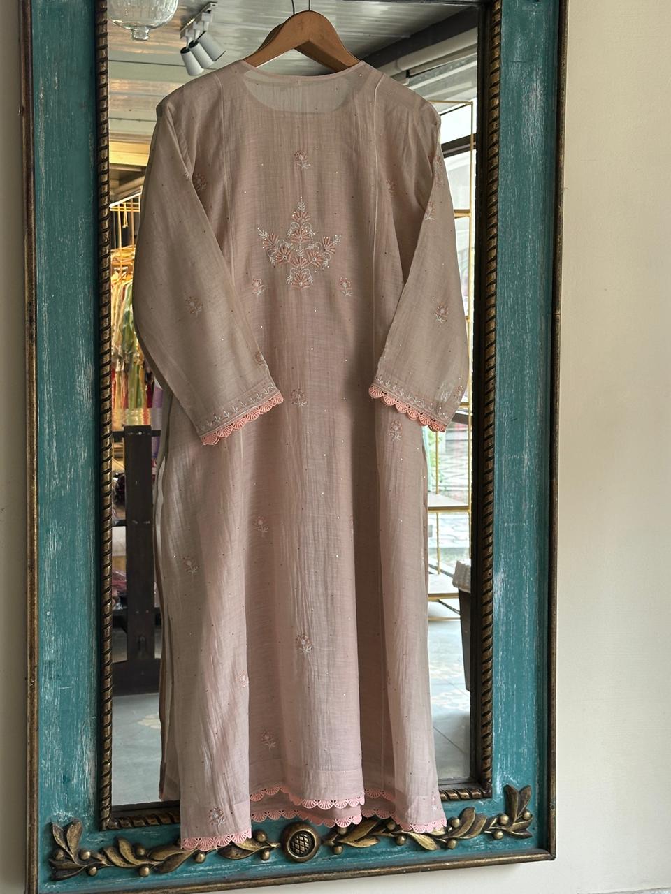 Dusty Grey Malmal Mukaish Kamdani Chikankari Stitched Kurta Dupatta Set