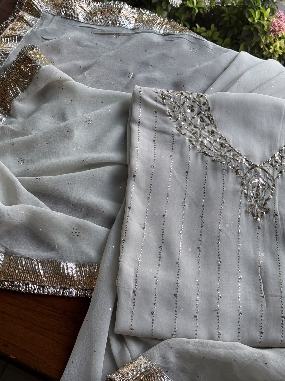 Dusty Grey Mukaish Badla Pure Georgette Kurta Set