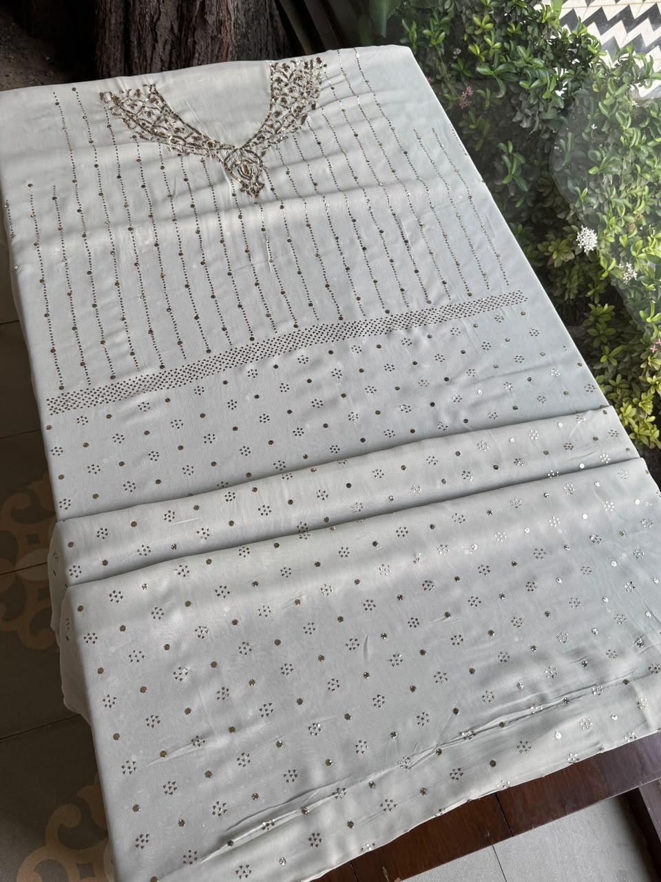 Dusty Grey Mukaish Badla Pure Georgette Kurta Set