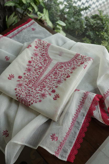 Dusty Grey Shade Kota Chikankari Unstitched Fabrics