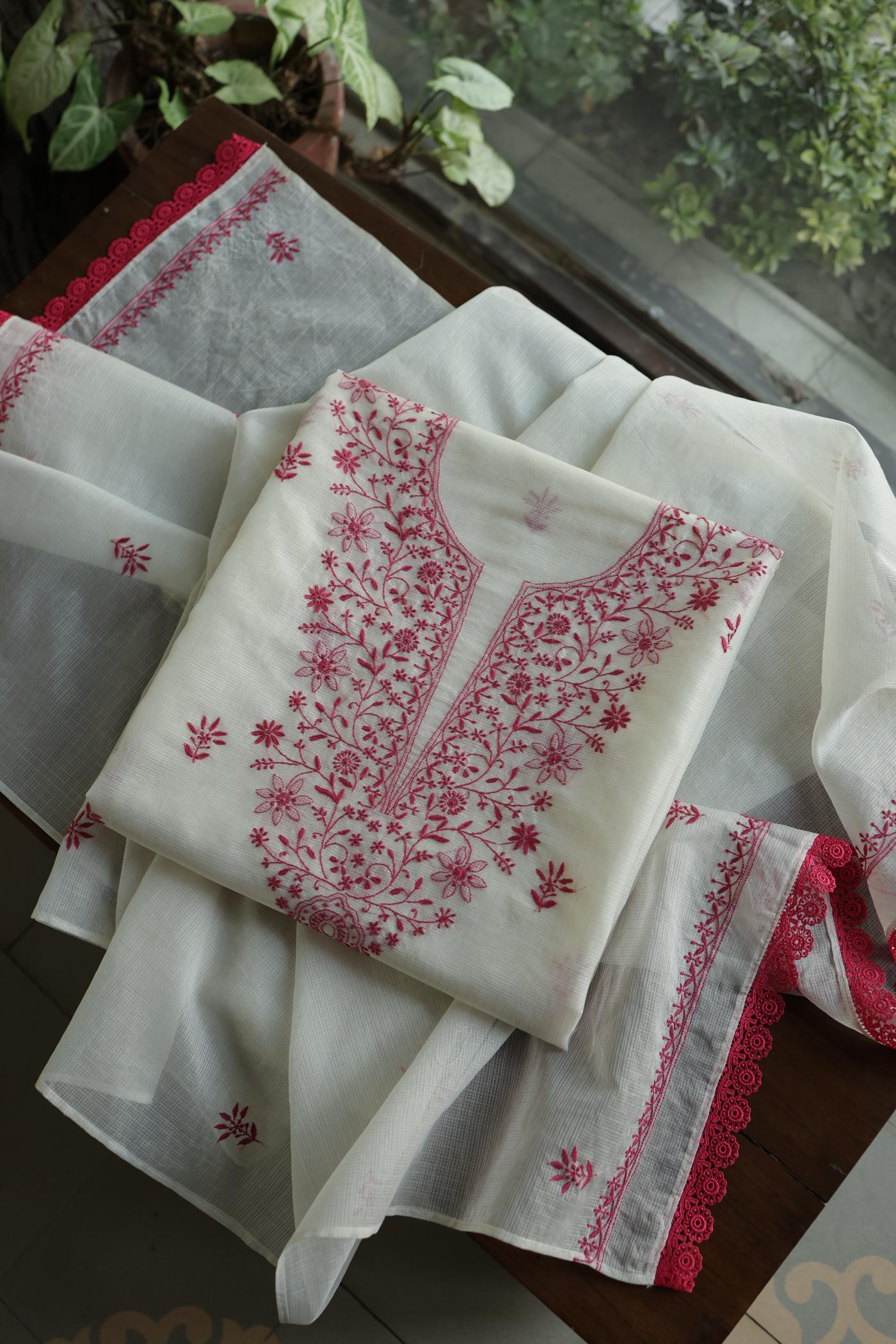 Dusty Grey Shade Kota Chikankari Unstitched Fabrics