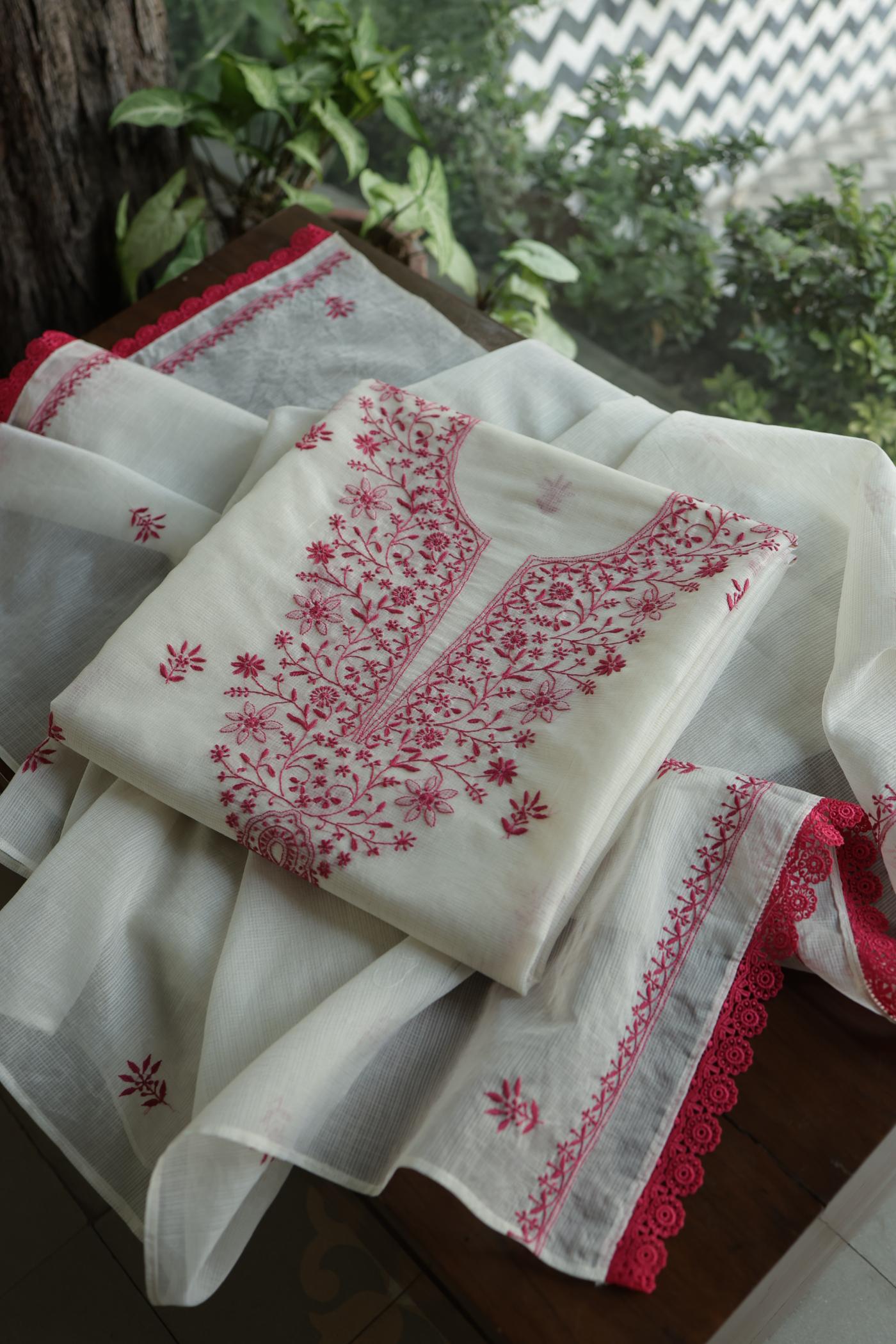 Dusty Grey Shade Kota Chikankari Unstitched Fabrics