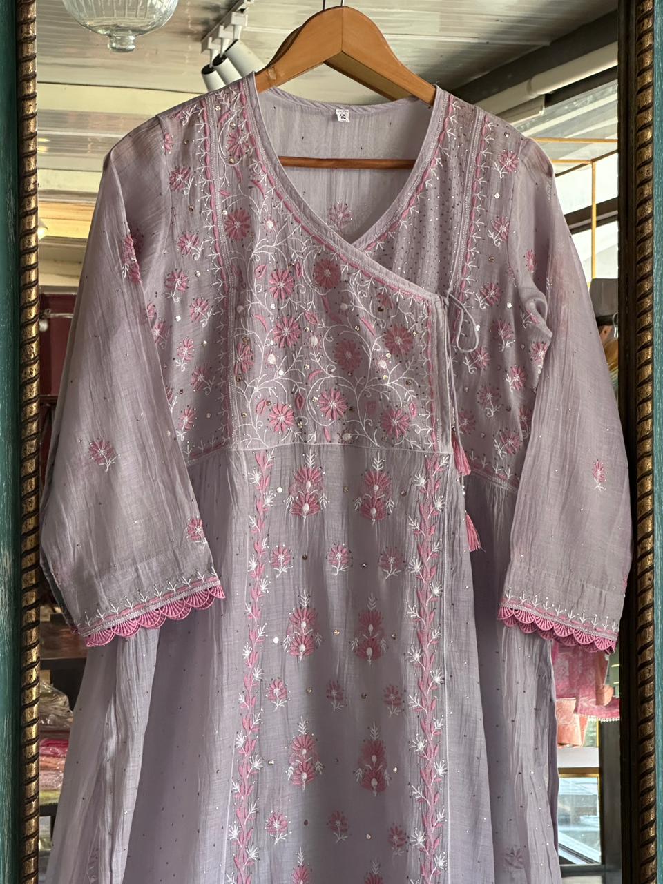 Dusty Grey Shade Malmal Mukaish Kamdani Chikankari Stitched Angarkha