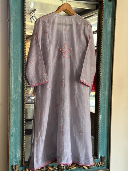 Dusty Grey Shade Malmal Mukaish Kamdani Chikankari Stitched Angarkha