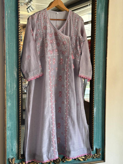 Dusty Grey Shade Malmal Mukaish Kamdani Chikankari Stitched Angarkha