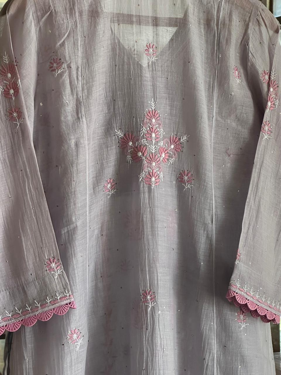 Dusty Grey Shade Malmal Mukaish Kamdani Chikankari Stitched Angarkha