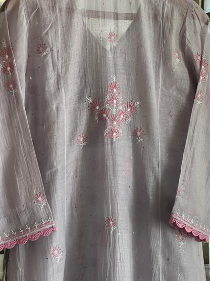 Dusty Grey Shade Malmal Mukaish Kamdani Chikankari Stitched Angarkha