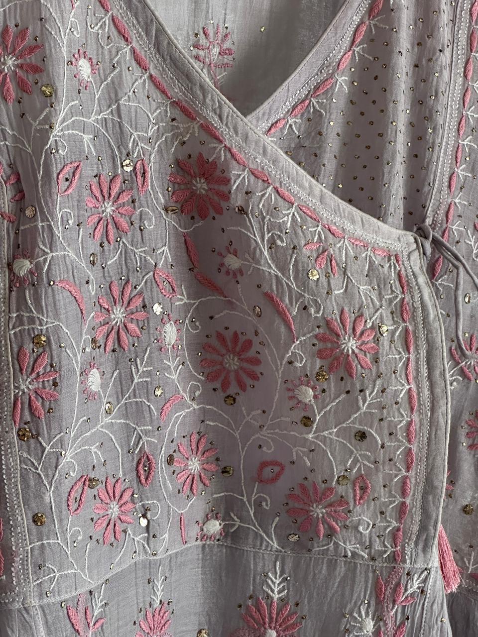 Dusty Grey Shade Malmal Mukaish Kamdani Chikankari Stitched Angarkha