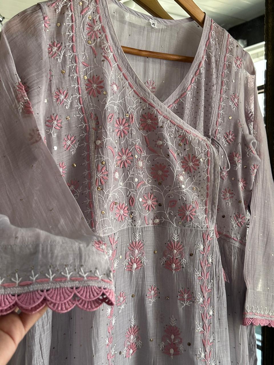 Dusty Grey Shade Malmal Mukaish Kamdani Chikankari Stitched Angarkha