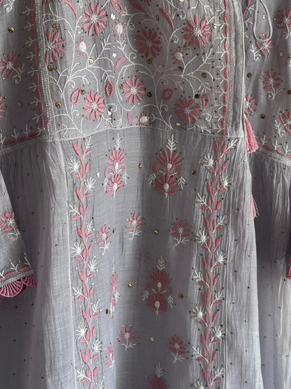 Dusty Grey Shade Malmal Mukaish Kamdani Chikankari Stitched Angarkha