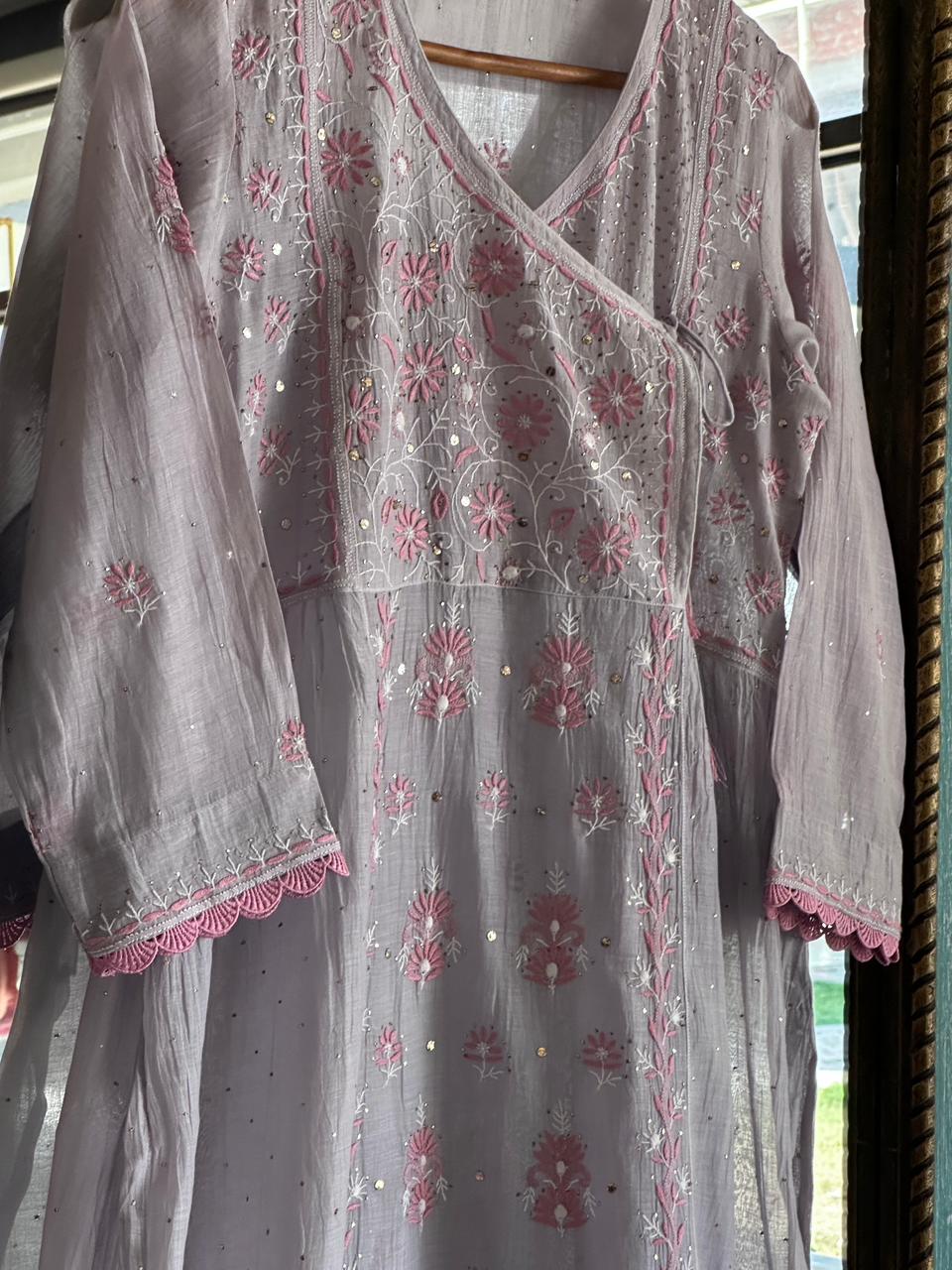Dusty Grey Shade Malmal Mukaish Kamdani Chikankari Stitched Angarkha