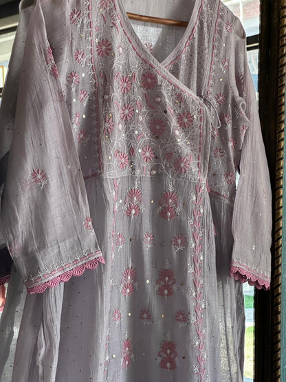 Dusty Grey Shade Malmal Mukaish Kamdani Chikankari Stitched Angarkha