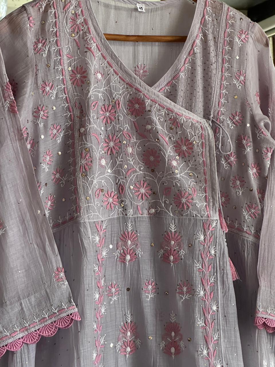 Dusty Grey Shade Malmal Mukaish Kamdani Chikankari Stitched Angarkha