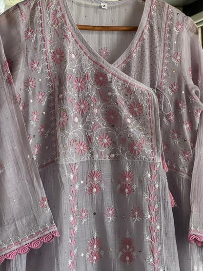 Dusty Grey Shade Malmal Mukaish Kamdani Chikankari Stitched Angarkha