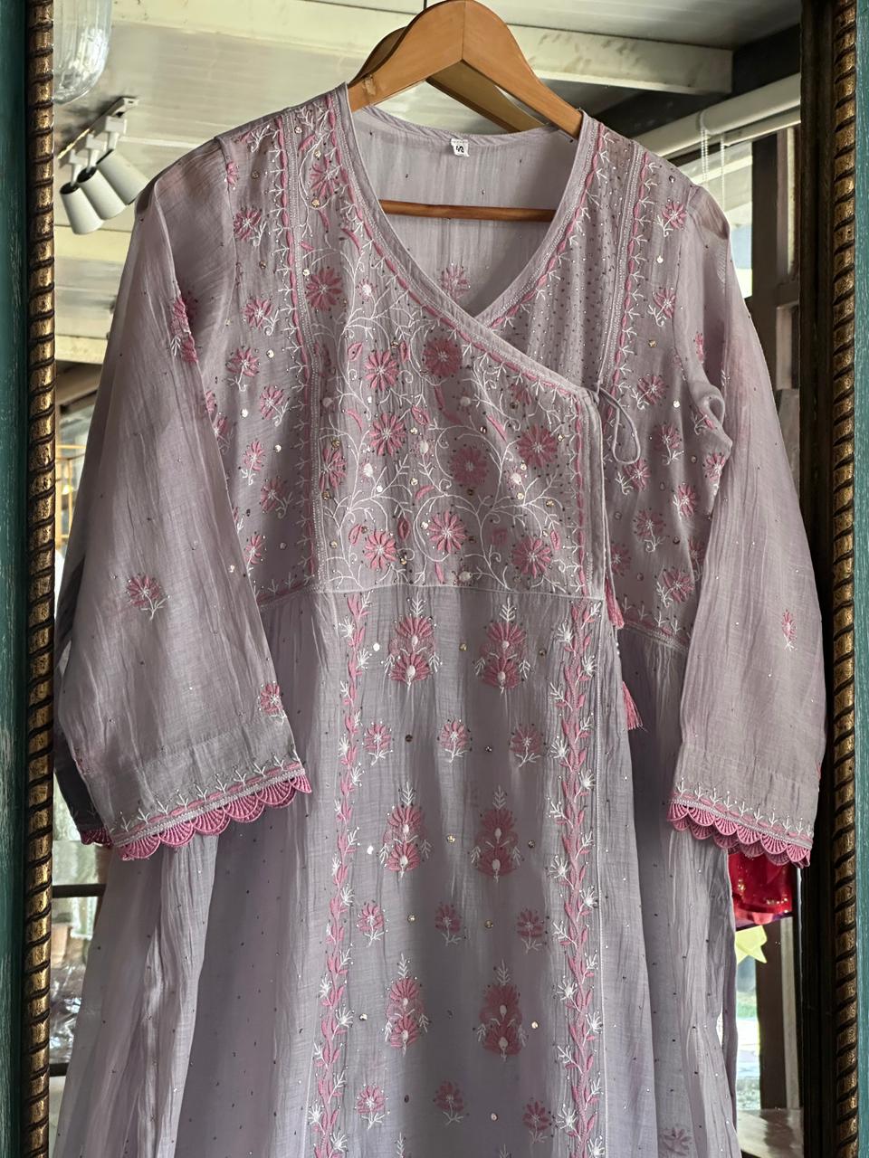 Dusty Grey Shade Malmal Mukaish Kamdani Chikankari Stitched Angarkha