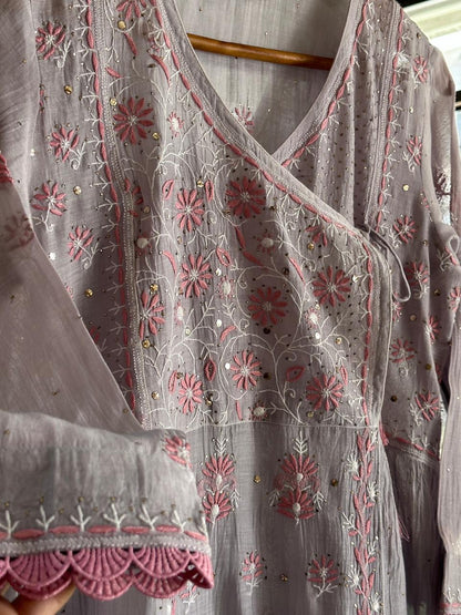 Dusty Grey Shade Malmal Mukaish Kamdani Chikankari Stitched Angarkha