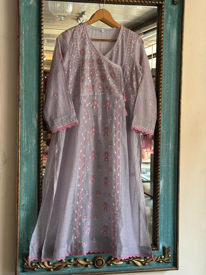 Dusty Grey Shade Malmal Mukaish Kamdani Chikankari Stitched Angarkha